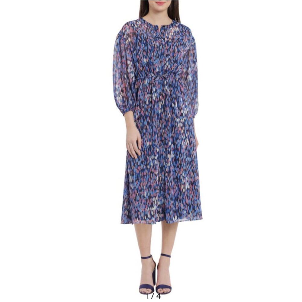 Maggy London Balloon Bracelet Sleeve Midi Dress Navy Blue Sz 2 Drawstring Waist